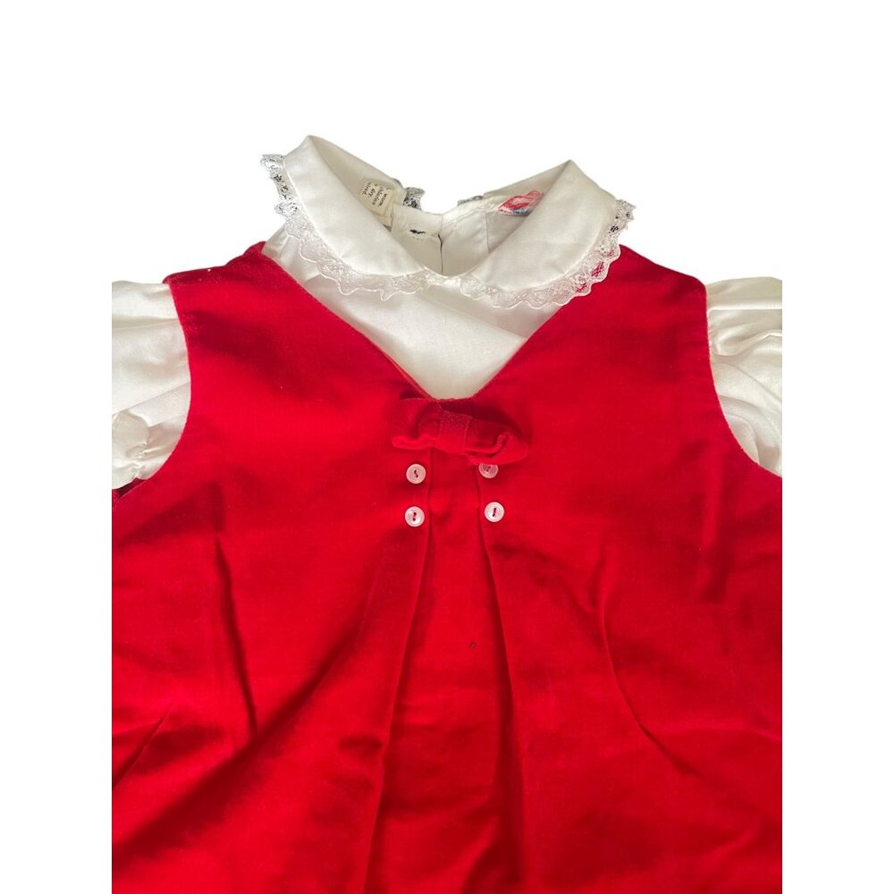 Vintage‎ Red Velvet Baby Girl Dress With White Lace Collar & Sleeves 2 Piece Set